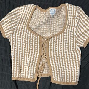 Francesca's Collections Tan and White Knit Cardigan with Tie Front